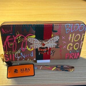 Alba Brown Graffiti Zip Wristlet with Pearl Bee/Stones and Red-Green Stripe
